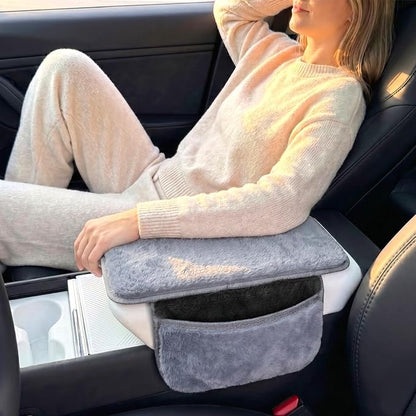 Plush Fuzzy Fur Car Armrest Cover with Side Pockets,Grey | Fluffy Armrest Cushion Pad,Soft Center Console Cover,Car Interior Storage Accessories ,for Most Car Decoration Protector - Image 2