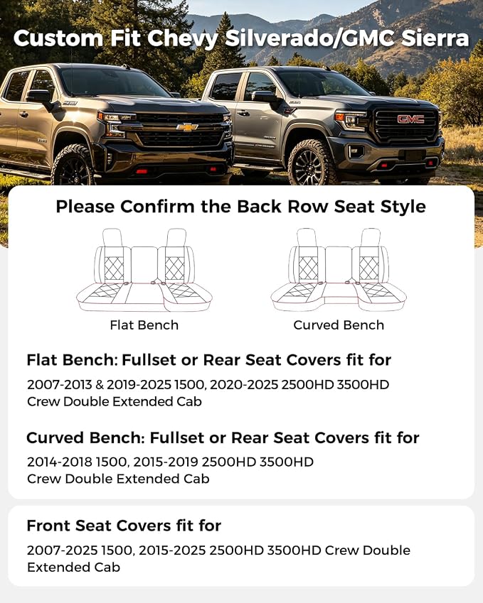 Huidasource Seat Covers for Trucks Chevy Silverado/GMC Sierra, GMC Sierra 1500 Seat Covers, 1500 2014-2018, 2500HD 3500HD 2015-2019 Crew Double Extended Cab, Thickened Nappa Leather (Full Set/Black) - Image 3