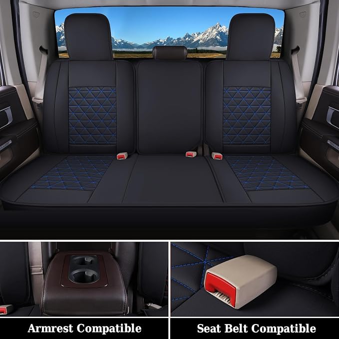 Coverado Car Seat Covers Full Set, Leather RAM 1500 Seat Covers Protectors Compatible with 2002-2026 Dodge RAM 1500 2500 3500 Crew Double Mega Quad Cab with Flat Bench, Blue - Image 3