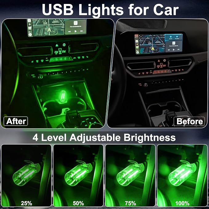 2Pcs Car USB Lights, Plug-in Retro Car Ambient Lighting Kit Dimmable Green | Touch Adjustment Light, Portable Mini Glass Bottle LED Bulb Nightlights for Car Bedroom Hallway Camping Holiday Decoration - Image 3