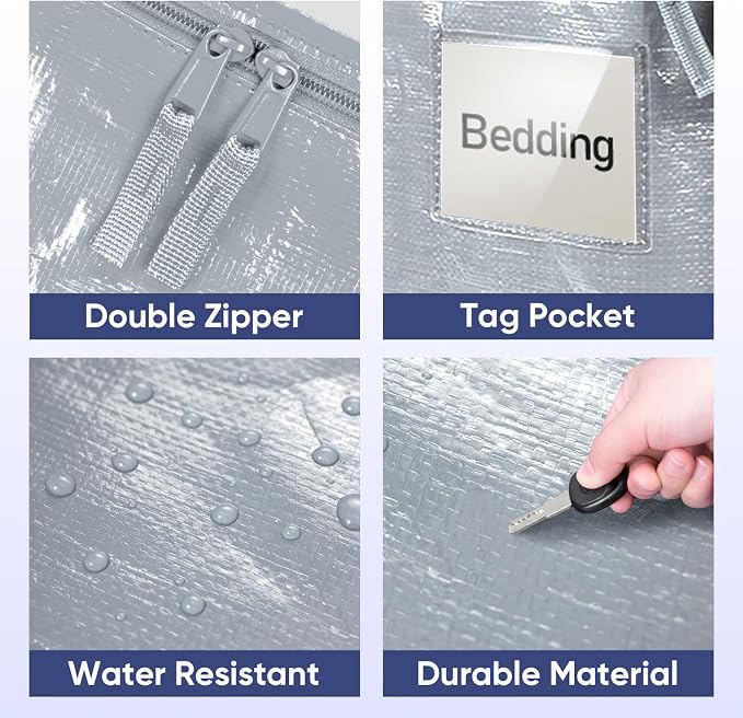 TICONN 4 Pack Extra Large Moving Bags Heavy Duty with Zippers & Carrying Handles, Durable Storage Bags Moving Boxes for Closet Organizers and Storage (4 Pack, Light Grey) - Image 6