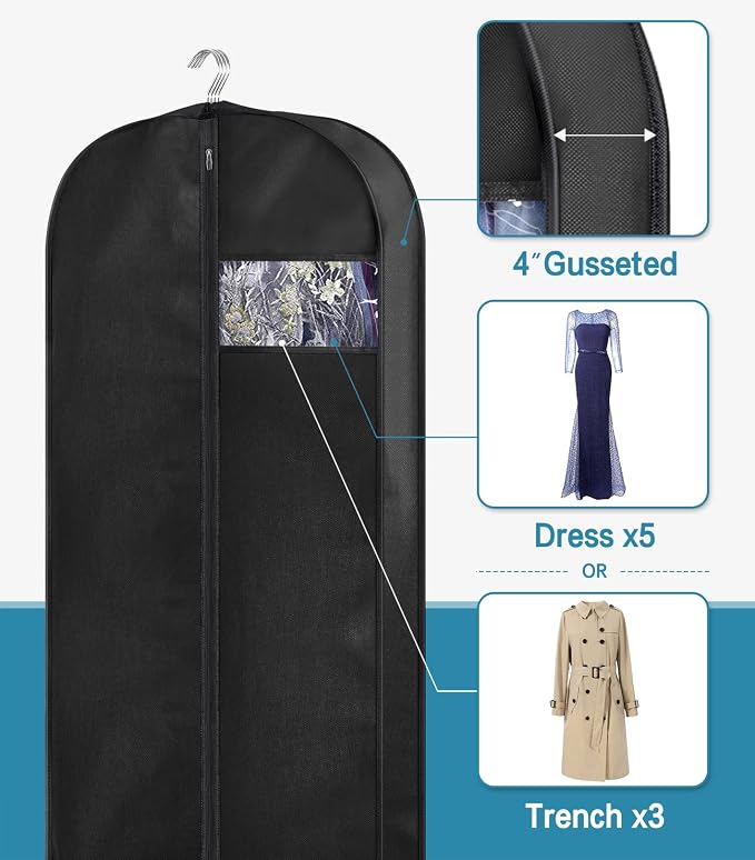 KIMBORA 60" Dress Garment Bags for Hanging Clothes Travel, Gusseted Garment Bags for Closet Storage with Handles for Long Gowns, Coats（3 Packs） - Image 2
