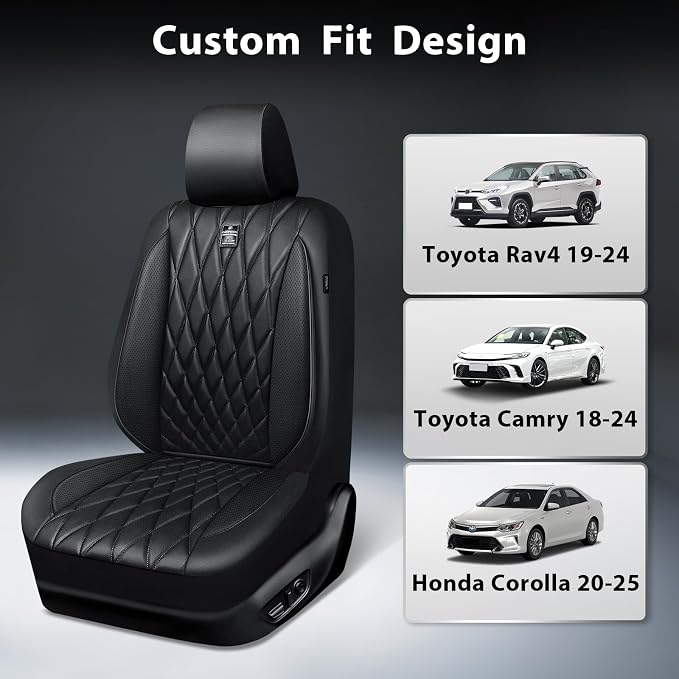 CAR PASS Nappa Leather Rav4 Front Seat Covers Custom Fit for Toyota Rav4 2019-2024, Camry 2018-2024, Corolla 2020-2025, Luxury Premium Anti-Slip Waterproof 2 Pack Seat Cover, Airbag Compatible Black - Image 3