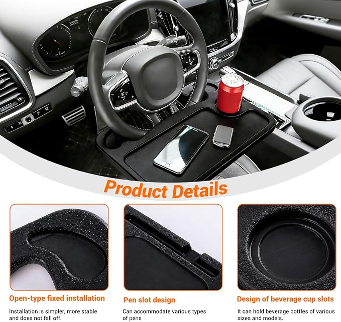 Steering Wheel Car Desk, Multipurpose Portable Vehicle Tray Table for Laptops, Meals & Work, Universal Road Trip Food Stand, Black - Image 5