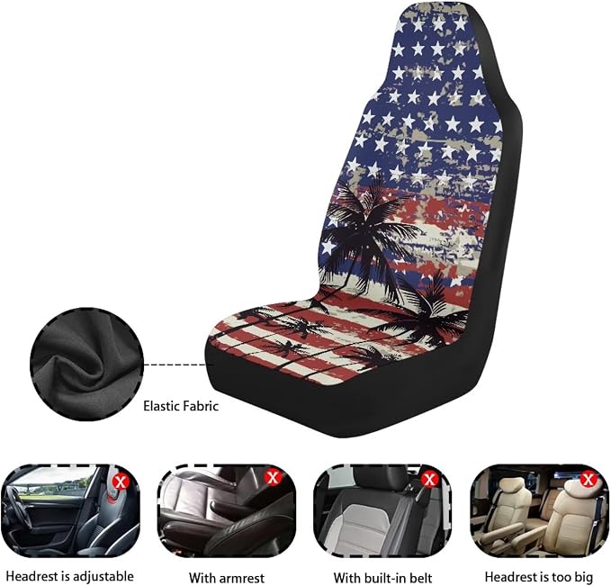 Palm Trees Front Car Seat Cover US Flag Auto Interior Accessories 2 Pcs Set Stretch Polyester Fabric Cover Patriotic All-Season Protection Suitable for Most Cars,SUV,Sedan - Image 6