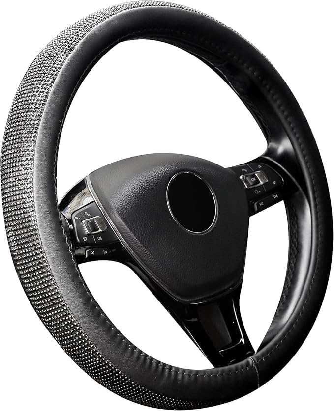 New Diamond Leather Steering Wheel Cover with Bling Crystal Rhinestones | Universal Fit 15 Inch Car Wheel Protector for Women Girls Black Diamond by ChuLian