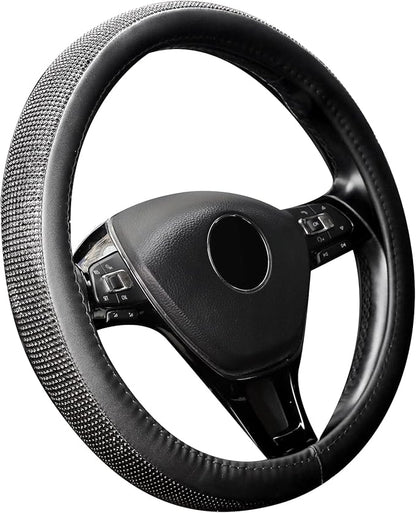 New Diamond Leather Steering Wheel Cover with Bling Crystal Rhinestones | Universal Fit 15 Inch Car Wheel Protector for Women Girls Black Diamond by ChuLian