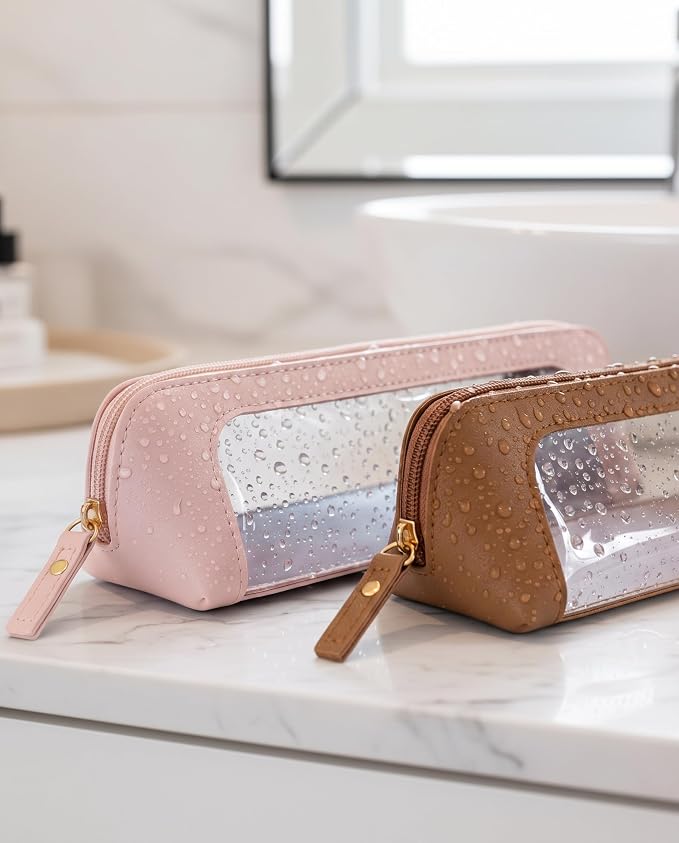 Makeup Bag Set Cosmetic Pouch for Women Waterproof PU Leather,Travel Toiletry Bag Cute Makeup Organizer Purse Pouch Preppy Pencil Case with Zipper (2Pack-Standard&Slim, Light Pink) - Image 7
