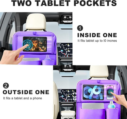 2Pack Car Backseat Organizer with Foldable Table Tray,6 Storage Pockets Car Storage Organizer with Tablet Holder,Car Seat Back Protectors Kick Mats Travel Accessories (Purple) - Image 3