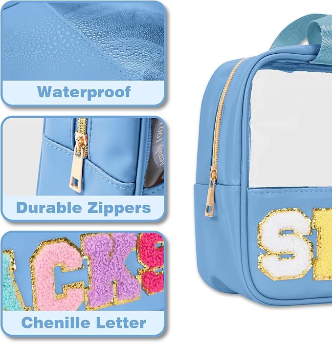 Snack Bags Chenille Letter Patch Clear Bag Snacks Bag for Travel, Preppy Cosmetic Bag Snacks Pouch with Zipper, Toiletry Bag for Traveling women, Clear Travel Bags for Toiletries (Blue-Snack) - Image 3