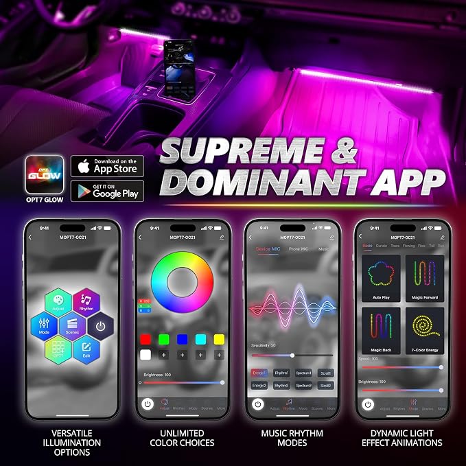 OPT7 Aura Pro Double Glow Interior Sports Car Lights with App & Remote | Ultra Bright Ambient Glow, Multicolor Double LED Strips, Car Meet Decor, 12V JDM Accessories, Music Sync Lighting, 4PC Kit - Image 2