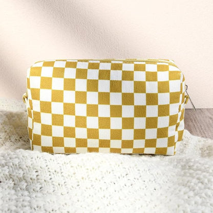 SOIDRAM 2 Pcs Checkered Makeup Bag Large Cosmetic Bag Toiletry Bag Makeup Pouch Travel Bag Organizer Cute Makeup Brushes Aesthetic Accessories Storage Bag for Women Golden Yellow - Image 6