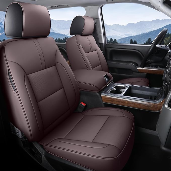 Coverado Chevy Silverado Seat Covers, Leather Car Seat Covers Custom Fit for Chevy Silverado GMC Sierra 2014-2018 1500, 2015-2019 2500HD 3500HD (Full Set, Brown) by COVERADOAUTO