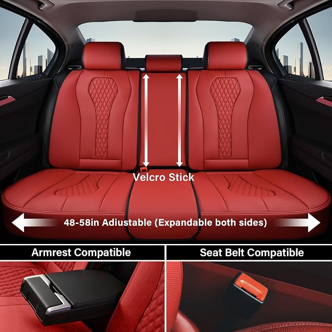 Coverado Seat Covers, Car Seat Covers Full Set, Red Car Seat Cover, Car Seat Covers Front Seats Back Seat Covers, Waterproof Car Seat Cushion, Leather Seat Protector Universal Fit Most Cars - Image 4