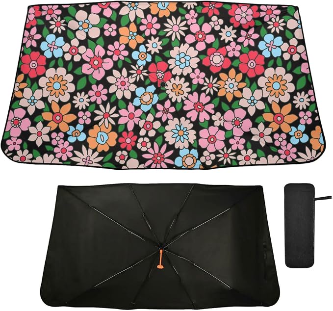 Cute Pink Flowers Windshield Sun Shade Umbrella Colorful Floral Hippie Foldable Car Front Window Sunshade Blocks UV Rays Heat Keep Vehicle Cool (55" x 27.5") by Oarencol