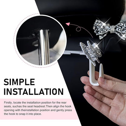 2 PCS Bling Car Seat Headrest Hooks, S Type Crystal Rhinestone Bow Vehicle Seat Back Storage Hooks for Purses Bags Groceries, Universal Diamond Car Rear Seat Organizer (Pink) - Image 6