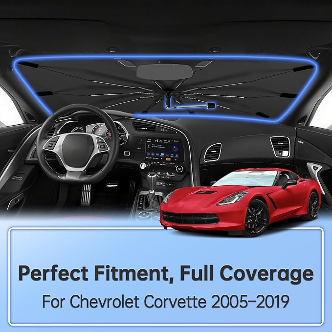 Windshield Sun Shade Umbrella for Chevrolet Corvette 2005–2019 Front Window | Double Layer Foldable Car Sunshadefor Corvette,UV Protection Sun Blocker & Heat Shield - Image 2