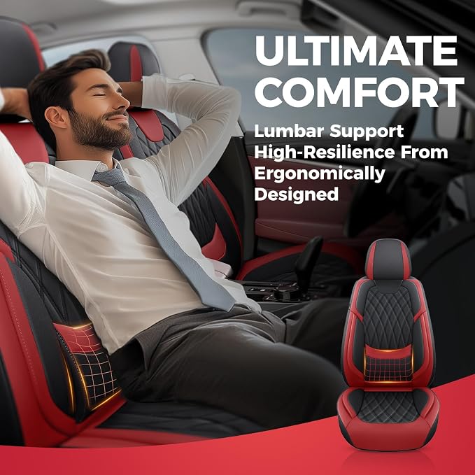 FREESOO Car Seat Covers Full Set Faux Leather Universal Fit Black Red | faux nappa leather seat covers, waterproof breathable, full set lumbar support, front rear covers, fit sedans suvs pickups - Image 6