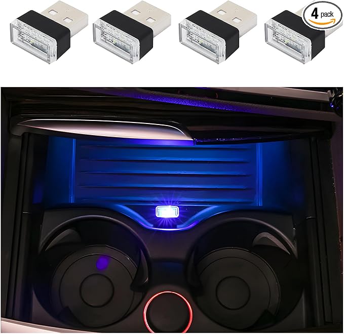 Dickno 4 PCS USB LED Car Interior Atmosphere Lamp, Portable Mini LED Night Light, Plug-in USB Interface Trunk Ambient Lighting Kit, Universal Vehicle Interior Accessories (Blue) by Dickno
