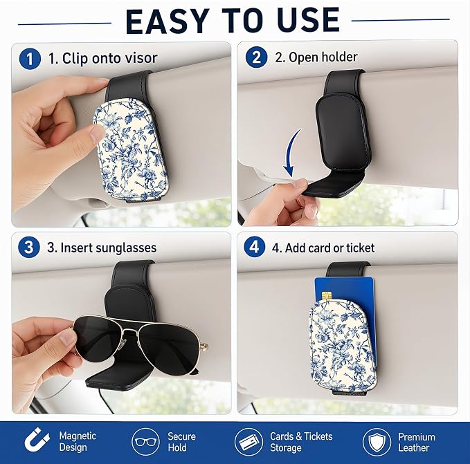 Leather Magnetic Sunglass Holder for Car Sun Visor, Cute Eyeglass Ticket Card Hanger Clip, Universal Auto Interior Accessories for SUV Pickup Truck, Blue Floral - Image 5