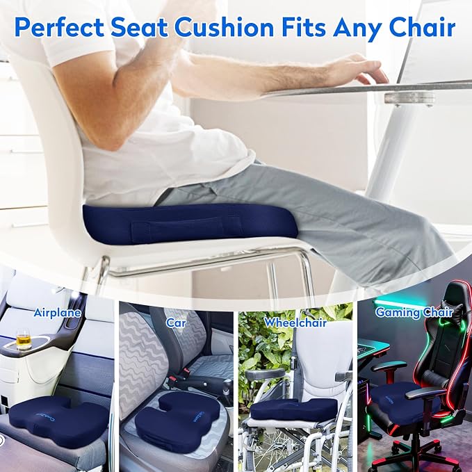 CushZone Memory Foam Seat Cushion for Office Car & Wheelchair, Blue | U-shaped Coccyx Cutout, Contoured Design, Breathable Removable Mesh Cover, Non-Slip Base, Carry Handle - Image 5