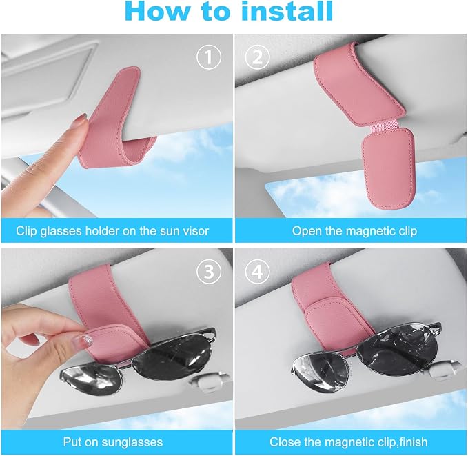 TCJJ Sunglasses Holders for Car Visor,Car Magnetic Glasses Holder Leather Sunglasses Clip and Ticket Card Clip Suitable for Car Interior Visor and Different Size Eyeglasses(Pink/2) - Image 6