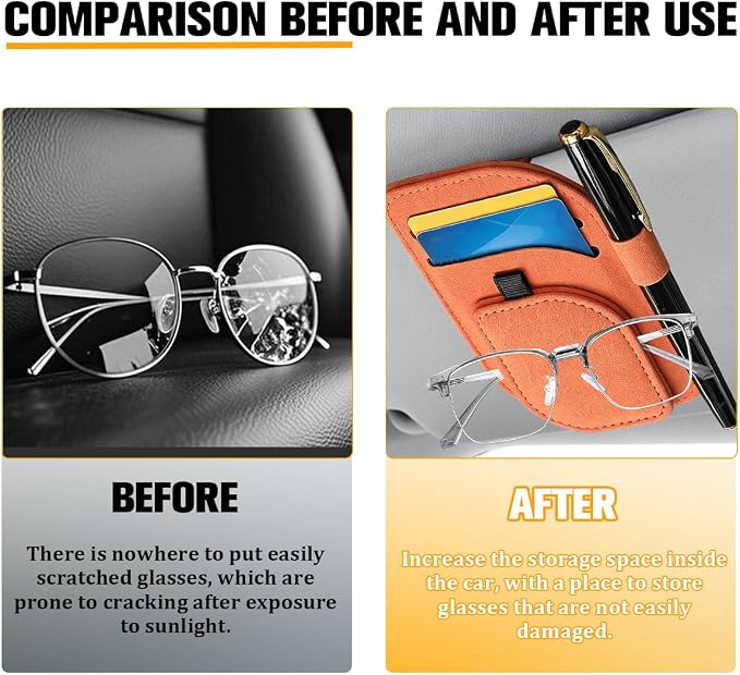 Car Sun Visor Organizer, Multi-Pocket Vehicle Sunglass Card Holder with Pen Slot, Automotive Interior Sunshade Glasses Storage Organizer, Universal Fit (Orange) - Image 4