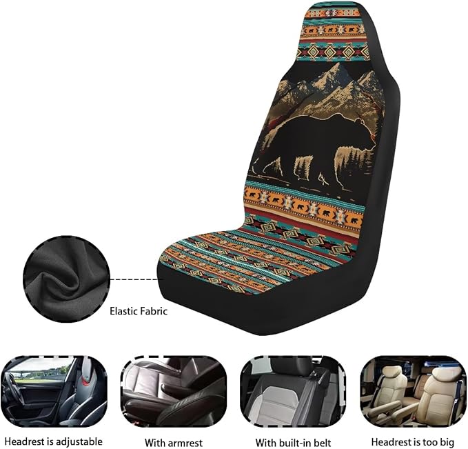 Two Front Car Seat Covers Forest Bear Navajo Bear Automotive Car Interior Covers Vehicle Cushion Seat Cover Set Universal Fit for Cars Trucks and SUVs - Image 6