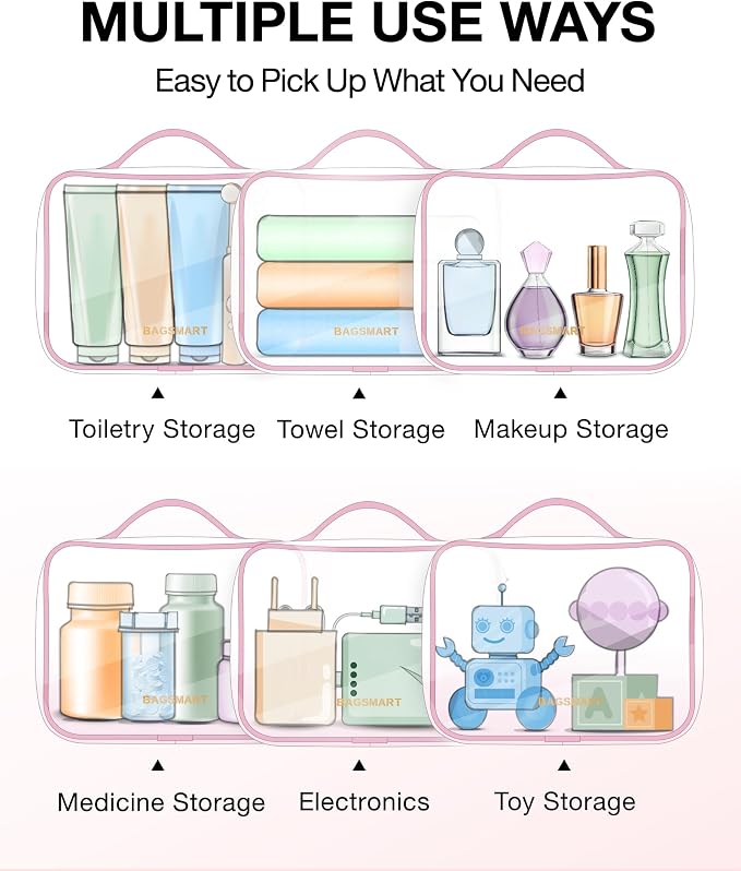 BAGSMART Clear Toiletry Bag with Handle 3-Pack TSA Approved, Pink | Water-resistant Travel Toiletry Bag, Carry On Travel Accessories Bag, Airport Airline Quart Size Bags Women Men, Makeup Bag - Image 5