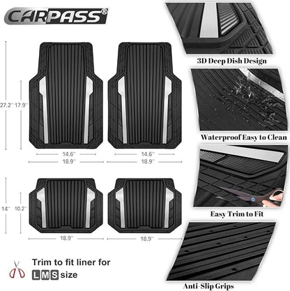 CAR PASS Heavy Duty Rubber Car Mats Metallic, Aluminum Film All Weather Floor Mats Waterproof Universal Trim to Fit for SUV Sedan Van 4 Piece Deep Dish Two-Tone Sporty Black Silver Chrome - Image 3