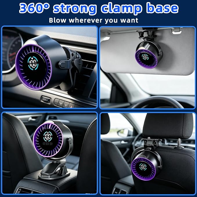 Car Fan,3‑in‑1 Portable Fan Clip‑on/Hang/Stand 3D Circulating Air Car Cooler with LED Display,USB Rechargeable Quiet Vehicle Fan for SUV Truck RV,Ideal Summer Gift for Drivers - Image 3