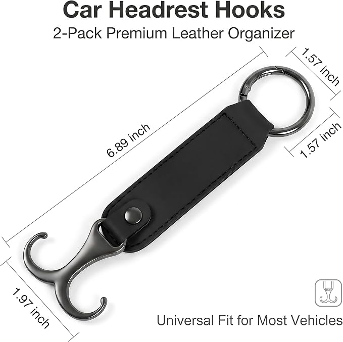 Car Headrest Hooks, Leather Seat Back Organizer with Ring Buckle, Wear Resistant Hanging Interior Storage Accessories, Universal for Most Cars SUVs Trucks (Black) - Image 2