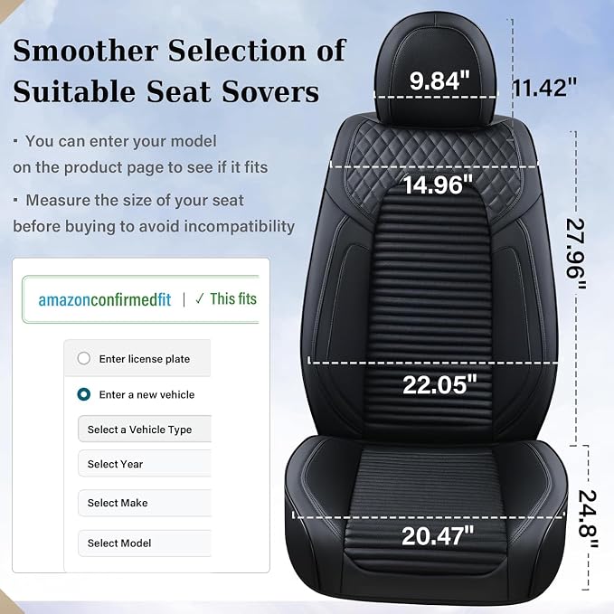 Coverado Front Seat Covers, Black Nappa Leather Car Seat Covers, Black Seat Covers for Cars, Car Seat Protector Cushions Universal Fit for Most Sedans SUV Pick-up Truck - Image 7