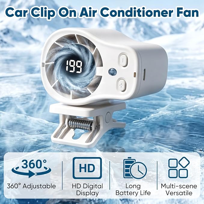 Car Clip on Air Conditioner Fan with LED Display, 360° Rotation, 199 Speeds, Cooling Technology, USB Rechargeable Personal Fan, Hands-Free Clip on Fan for Cars, Work, Camping (Dark Gray) - Image 2