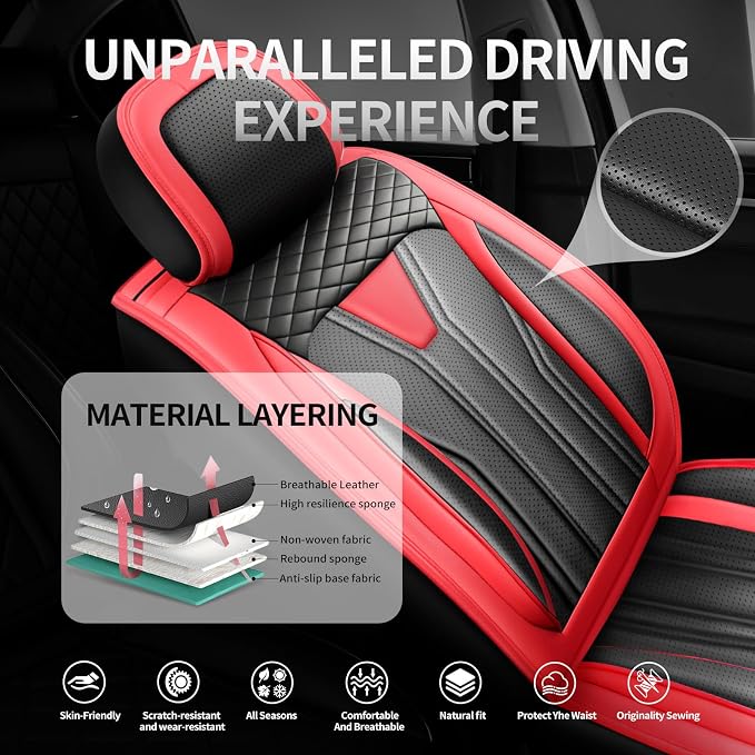 Fit Corolla Premium Leather Car Seat Covers for Toyota Corolla 2000-2025 2026 - Waterproof，Breathable，All-Weather Seat Cushion Protecto & Airbag Compatible, 2 Front Seat Red&Black - Image 2