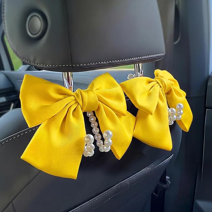 2 PCS Bow Pearl Car Seat Headrest Hook – Cute Purse Hook for Car, Girly Interior Decoration Accessories Hook Hanger, Seatback Holder for Purses & Bags, Elegant Car Organizer (Sunshine Yellow) by Unknown