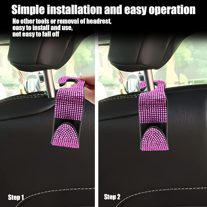 OSIFIT 2PCS Car Seat Hooks, Bling Car Rhinestone Headrest Hooks, Universal Bling Car Interior Accessories, for Handbag, Clothes, Purse, Water Bottle (Pink) - Image 6