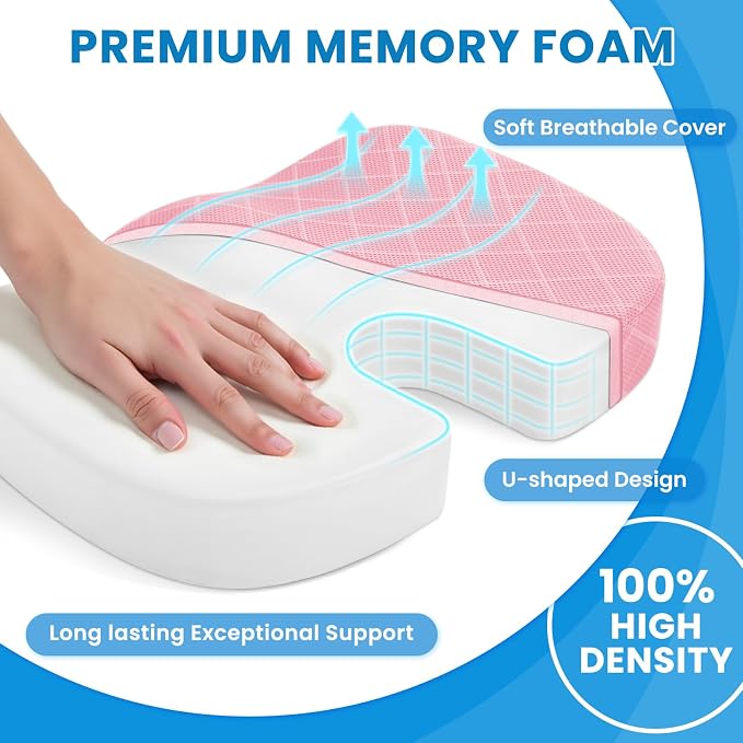 Seat Cushion, Memory Foam Office Chair Cushion - Pink, X-Large | for Car Seat, Airplane, Desk Chair - Sciatica & Hip & Coccyx Pain Relief Cushion for Long Sitting Office Workers, Car Drivers - Image 3