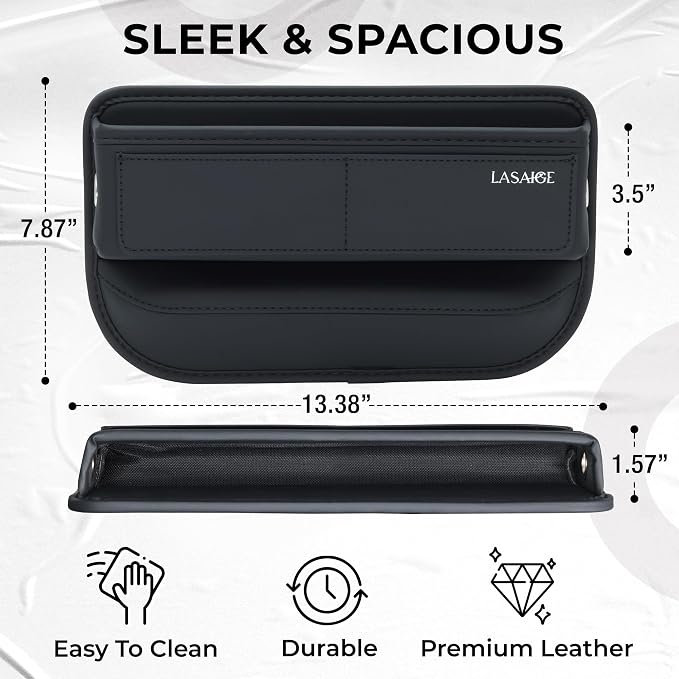 Car Seat Gap Filler Organizer (Black) -Soft PU Leather Car Seat Gap Filler Organizer - Gap Filler For Car w/ Pockets & Large Compartment - Slip-Resistant Between Seat and Center Console - Image 2