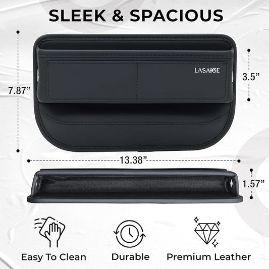 Car Seat Gap Filler Organizer (Black) -Soft PU Leather Car Seat Gap Filler Organizer - Gap Filler For Car w/ Pockets & Large Compartment - Slip-Resistant Between Seat and Center Console - Image 2