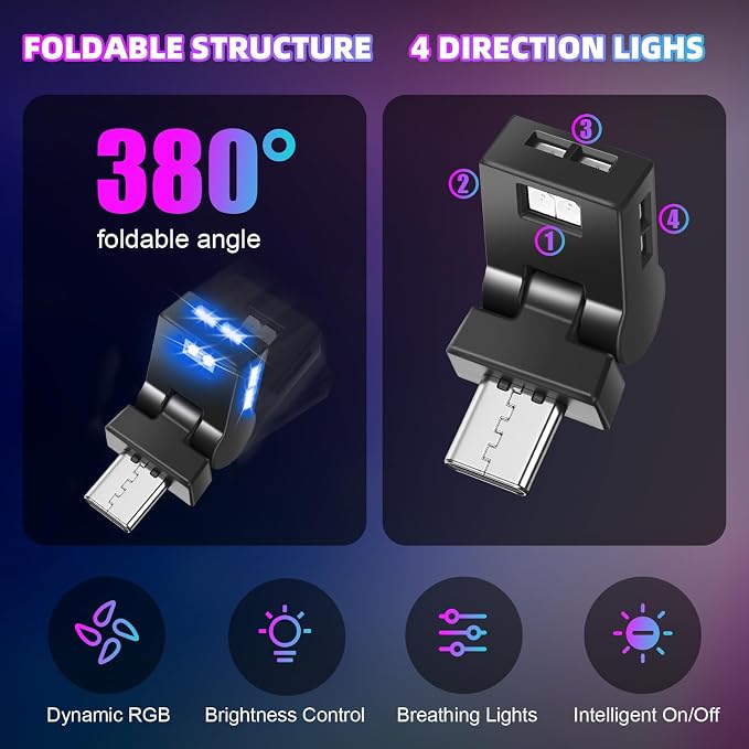 Frienda 2 Pcs Mini USB Light Car LED Interior Light, Manual Switch USB-A | 5v RGB Foldable Lighting, Adjustable 8 Color and Brightness, Smart USB Night Lamp for Cars Laptop Keyboard - Image 3