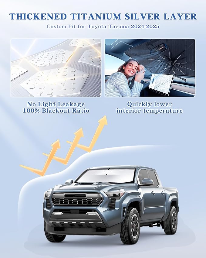 Portable for Toyota Tacoma 2024-2025 2026 Windshield Sunshade Umbrella for Models TRD/SR/SR5/limited Series, 2 in1 Ice Crystal Durable Compact Shade Umbrella UPF50+ UV Front Protection Outdoor Camping - Image 2