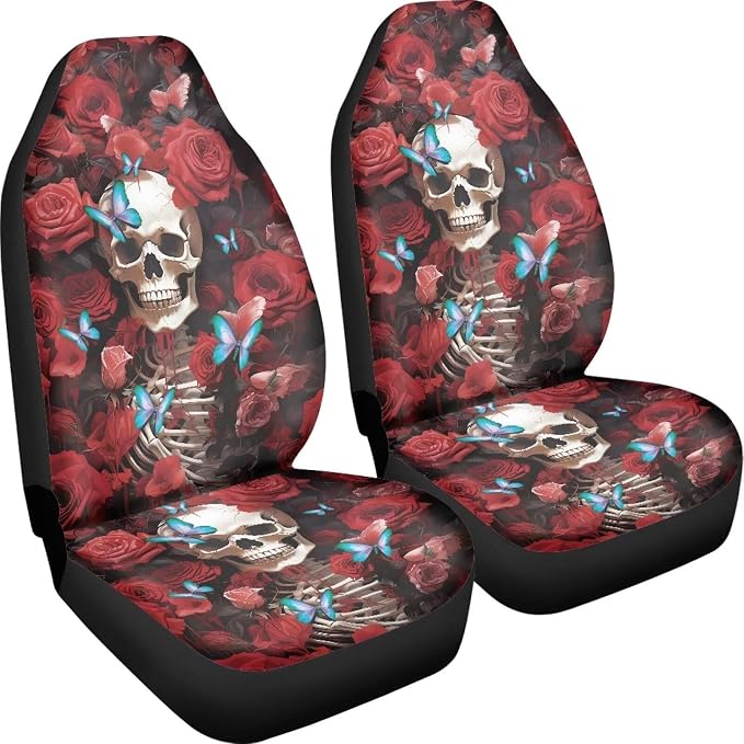 Red Rose Skull Floral Car Seat Cover Front Bottom Seat Cushion Cover, Butterfly Front Seat Covers Universal fits most Cars, SUVs, and Trucks, Washable and Easy to Install - Image 3