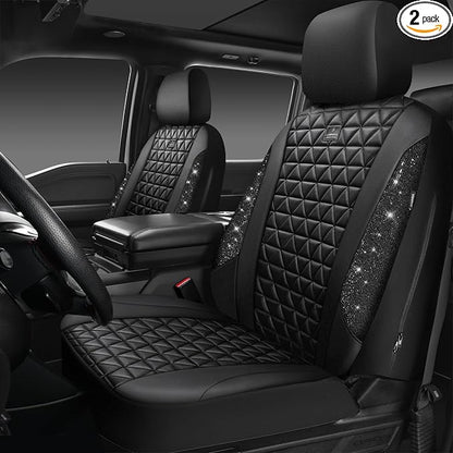 CAR PASS Bling Diamond Leather Car Seat Covers 2 Front Seats Interior Sets, Waterproof Shining Glitter Sparkly Crystal Universal Armrest Fit Automotive Truck SUV Cute Women Girl, Black PU Rhinestone by CARPASS