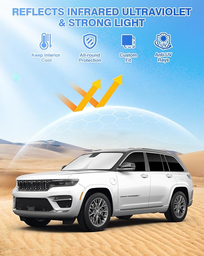 Canvcle Windshield Sun Shade for 2022-2025 2026 Jeep Grand Cherokee Accessories Sunshade Side Rear Window Shade Cover Sun Visor Shield Privacy Protection Keep Vehicle Cool Black 8PCS - Image 2