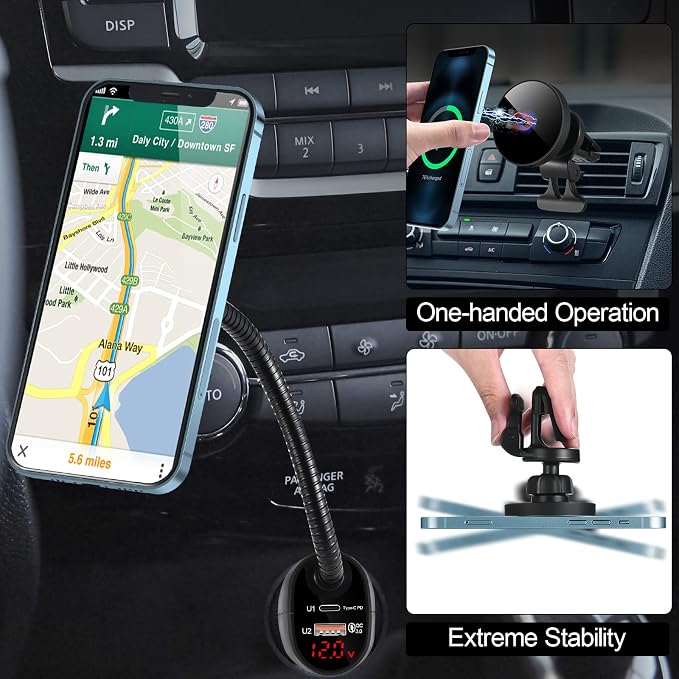 Mag-Safe 15W Car Cigarette Lighter Wireless Charger, Magnetic Auto-Alignment Air Vent Mount Holder with Dual Port PD&QC3.0 Fast Charging for iPhone 13/13 Pro/ 13 Pro Max/12 Series - Image 5