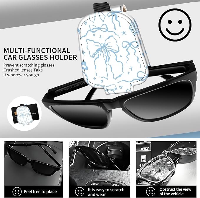 Leather Magnetic Sunglass Holder for Car Sun Visor, Cute Eyeglass Ticket Card Hanger Clip, Universal Auto Interior Accessories for SUV Pickup Truck, Blue Bow - Image 2