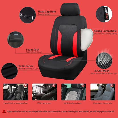 CAR PASS 3D Air Mesh Car Seat Covers Full Set, Breathable Sporty Rear Bench with Zipper for Armrest Box Universal Fit 95% Automotive SUV,Truck,Sedan Interior Cute Women Airbag Compatible, Black Red - Image 3