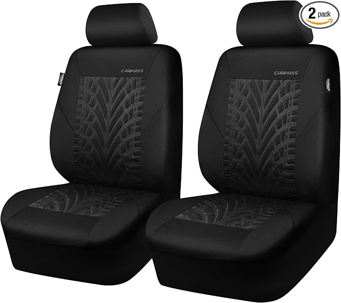 CAR PASS Car Seat Covers Two Front Only for Car, 3D Tyre Print Automotive Interior Covers, Airbag Compatible, Quick Setup Universal Fit Seat Covers for Car, Truck, SUV(Black) by CARPASS