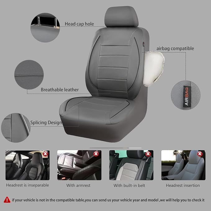 CAR PASS Piping Faux Leather Car Seat Cover Full Set,Grey Breathable Leather Seat Covers for Cars, Airbag Compatible,Universal Fit for SUVs,Van,Sedans,Small Trucks (Full Set, All Gray) - Image 8